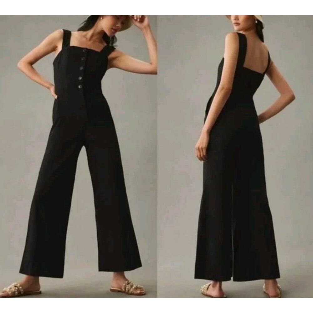 Anthropologie Maeve The Colette Portside Jumpsuit Sz 12 Black Sleeveless Pockets